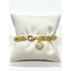 Judith Ripka Sterling Silver Bracelet Gold Clad Byzantine CZ Heart Charm NEW Box